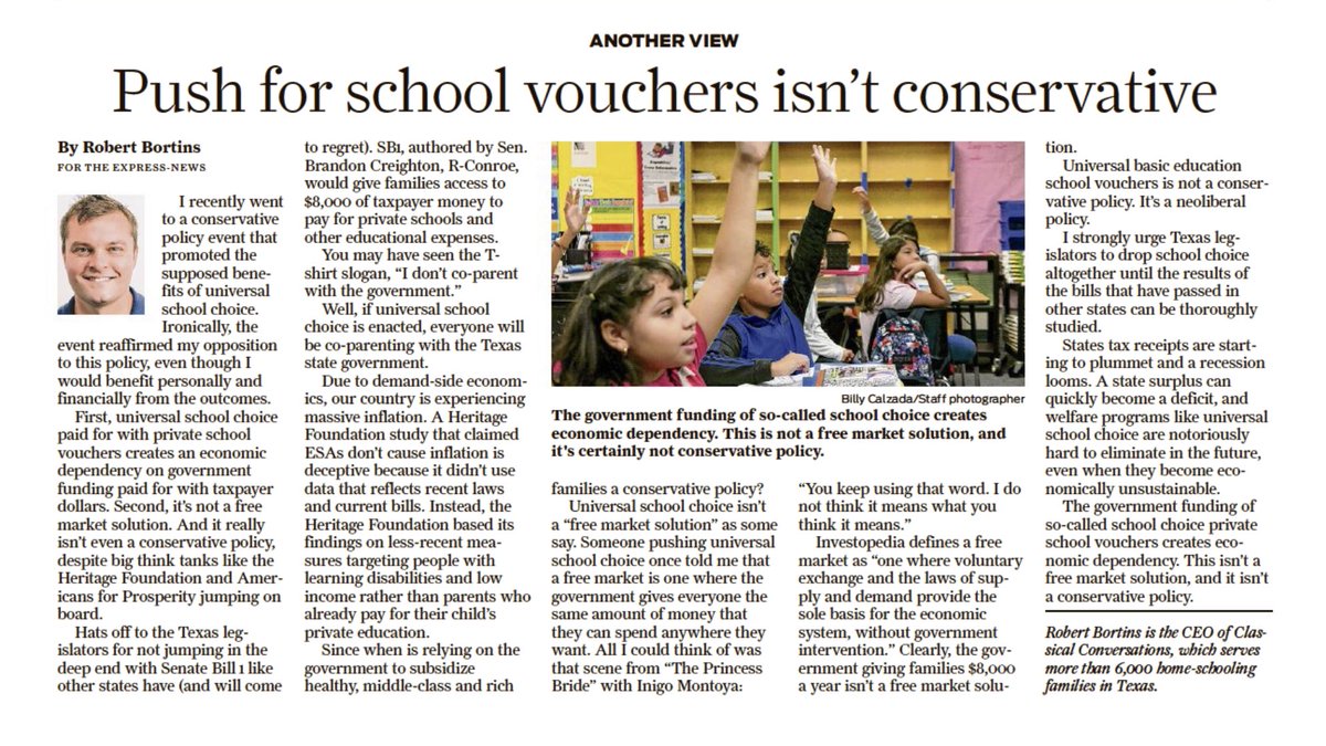 JimGBoyle's tweet photo. Robert Bortins provides Christian homeschool programs for 6,000+ families. He asks, “Since when is relying on the government to subsidize healthy, middle-class and rich families a conservative policy?” As he points out, it is not. @joshcowenMSU https://t.co/lR9301Qudm