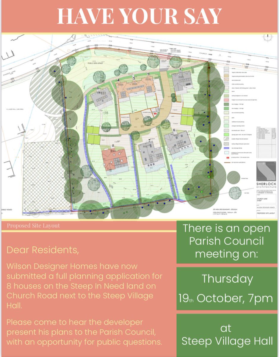 SteepTogether's tweet photo. The time has come!
Plans for housing on field next to Steep Village Hall are now submitted.
There is a meeting at 7pm on Thurs 19th Oct when plans will be on show &amp; you can talk to developer. 
If you would like to make a comment, see the three options here in second picture. https://t.co/UbKTSlVQRJ