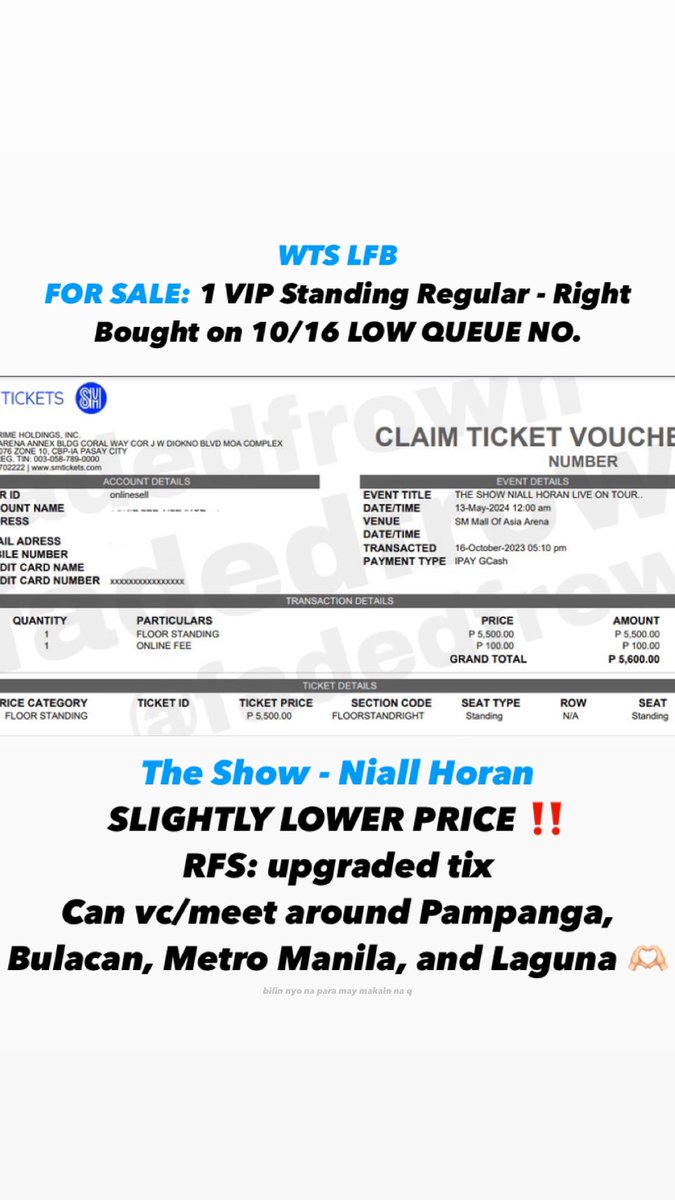 tnvllnv's tweet photo. WTS LFB. For sale: The Show Live on Tour PH
1 Floor Standing 
DSICOUNTED PRICE ‼️

Rfs: got desired section
Bought from Fanclub presale, Low queue no.
Can meet around Bulacan, Pampanga, Laguna, Manila
Pwede natin sabay iclaim 

#TheShowLiveOnTourPH #TSLOTPH 
#NiallHoranInManila https://t.co/JgsPFBfLZ8