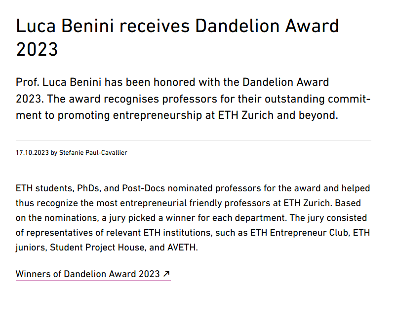 PULP Platform (@pulp_platform) on Twitter photo Congratulations to <a href="/LucaBeniniZhFe/">Luca Benini</a> who received the Dandelion Award 2023 at ETH. The award recognizes professors for their outstanding commitment to promoting entrepreneurship at ETH Zurich and beyond ee.ethz.ch/news-and-event… Congratulations to <a href="/LucaBeniniZhFe/">Luca Benini</a> who received the Dandelion Award 2023 at ETH. The award recognizes professors for their outstanding commitment to promoting entrepreneurship at ETH Zurich and beyond ee.ethz.ch/news-and-event…