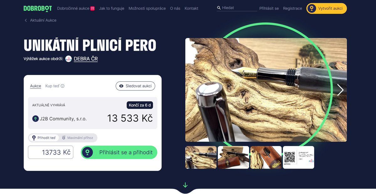 dobrobot_cz's tweet photo. ✒️Jediné svého druhu. Pero z fosilního dubu od WOOD FACTORY na podporu organizace @cr_debra, která pomáhá lidem s nemocí 🦋křídel. Podobným kouskem se pyšní například náš pan @prezidentpavel, herec Zdeněk Svěrák nebo @MaresLeos . Přihazuj a pomáhej na https://t.co/GTLhYLK2Bk https://t.co/jddOQ7O8Qt