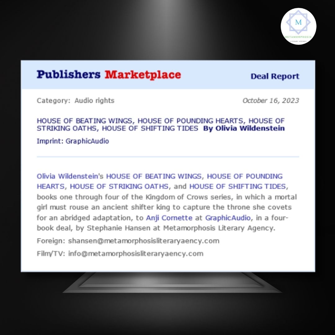 USA Today bestselling <a href="/OWildWrites/">OliviaWildenstein</a> 's Kingdom of Crows series, in which a mortal girl must rouse an ancient shifter king to capture the throne she covets for an abridged adaptation, to Anji Cornette at <a href="/GraphicAudio/">GraphicAudio</a> , by <a href="/hansenwriter/">Stephanie Hansen 🤟📚🎙️🏳️‍🌈🎮📽️🦻</a> at Metamorphosis Literary Agency.