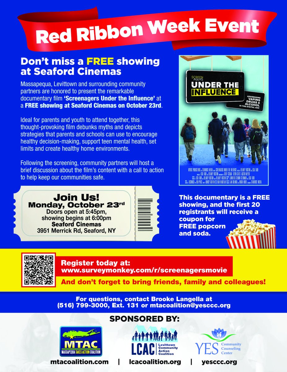MTACoalition's tweet photo. REMINDER! In collaboration with YES CCC and Levittown Community Action Coalition, MTAC is hosting a Red Ribbon Week Event on Monday, October 23rd, showing the film 'Screenagers: Under the Influence'. Get your tickets today by registering at: https://t.co/g3NVLDxASO https://t.co/nJKJXk8PYy