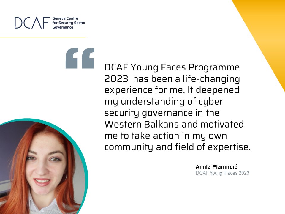 📚 <a href="/AmilaPlanincic/">Amila Planincic</a> is one of DCAF's 2023 Young Faces. During the programme she explored the importance of building a legal framework &amp; enhancing education systems'  #cybersecurity capacities in 🇧🇦

Read👉bit.pulse.ly/li554f592f
About the programme👉pulse.pulse.ly/yku6t9fibi