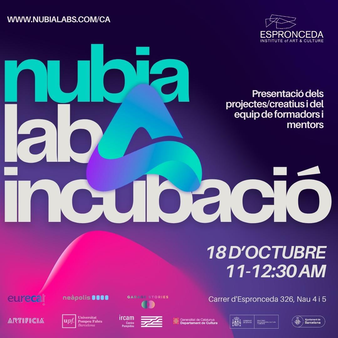 NUBIA LAB INCUBACIÓ - 18/10/2023

11h-*12h30 presentació de NUBIA Lab Incubació a càrrec d'Alejandro Martín, projectes seleccionats i alguns mentors

12h30-*13h15. Presentacions institucionals. Generalitat Cultura Digital ICUB, EIT C&amp;C i Universitat.

13h15-*13h30. Conclusions.