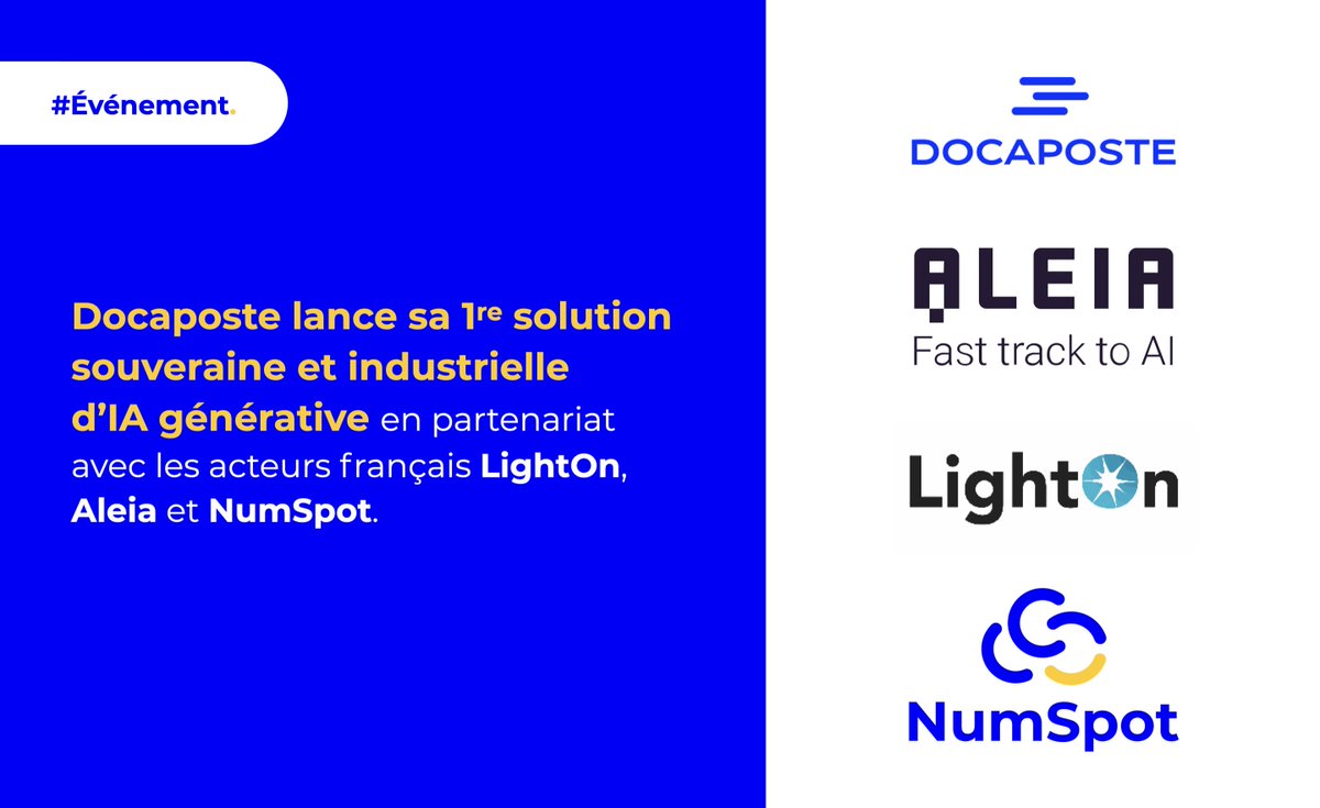 #IA | Docaposte lance sa première solution souveraine et industrielle d’IA générative, en partenariat avec 3 acteurs français : <a href="/LightOnIO/">LightOn</a>, @AleiaCorp et <a href="/NumSpotCloud/">NumSpot</a> 

🧵⤵️
