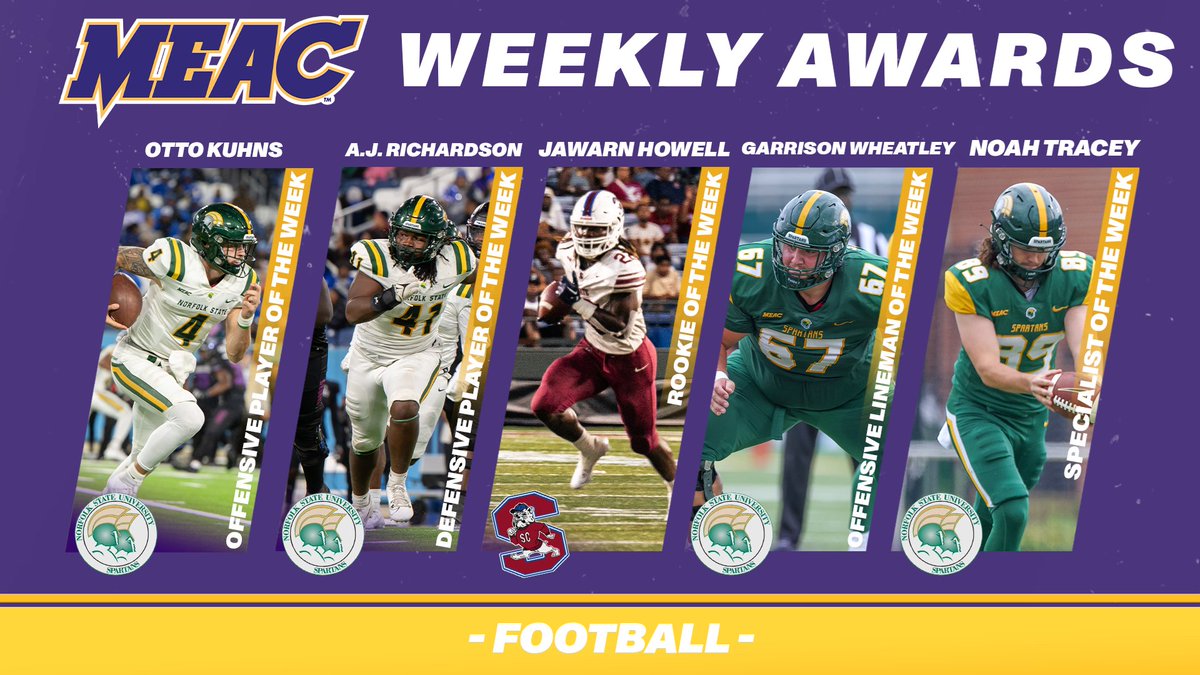 ICYMI: #NorfolkState just missed a clean sweep of the MEAC weekly awards. -QB Otto Kuhns gets Offensive Player of the Week -LB A.J. Richardson gets Defensive Player of the Week -Garrison Wheatley gets OL of the Week -P/K Noah Tracey gets Specialist of the Week 📷 cred: MEAC