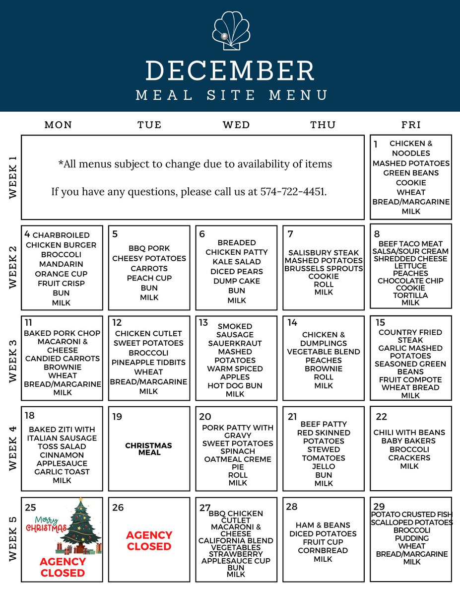 AreaFiveAgency's tweet photo. The December meal site menu can be seen below. All menus are subject to  change due to the availability of items. Please call us at 574-722-4451  if you have any questions. https://t.co/x2FptyIf9c