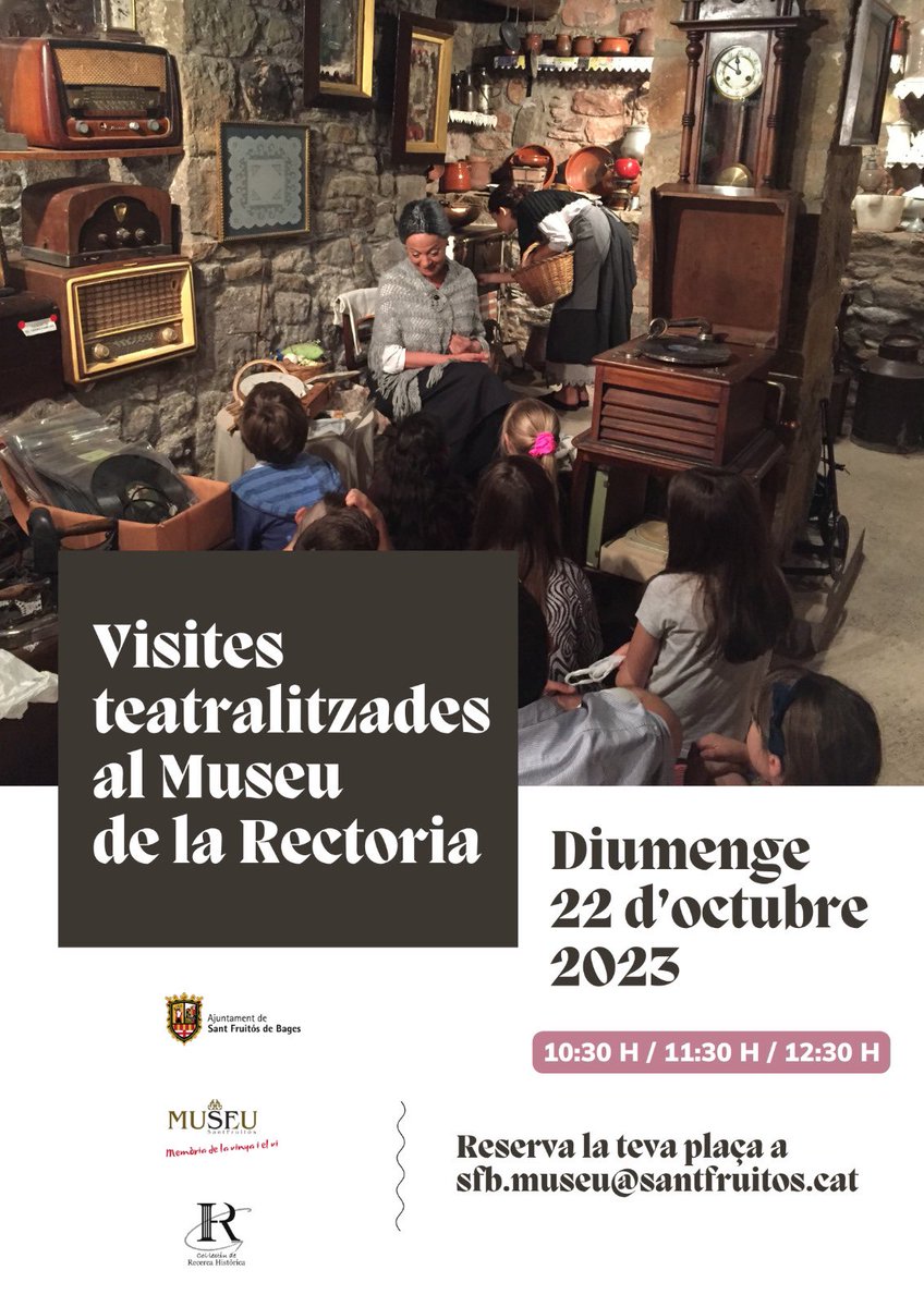 AjSantFruitos's tweet photo. 📣Aquest diumenge t'esperem al Museu de la Rectoria Vella en una matinal de visites teatralitzades!

👉🏻la Nita i el Fruitós ens transportaran al passat agrícola del municipi a través del ric patrimoni que s'hi conserva!

📲Resrves: sfb.museu@santfruitos.cat https://t.co/mqpGatN9lk