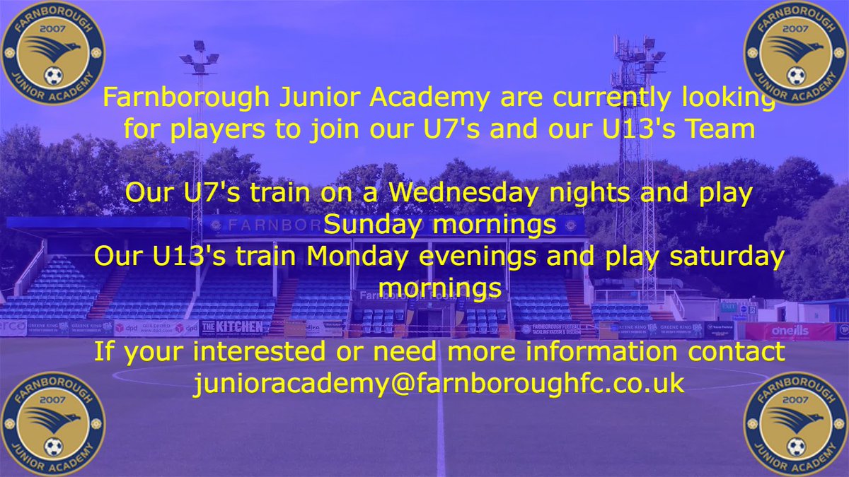 FarnboroughJA's tweet photo. We are looking for players for our current U7's and U13's teams 

Please contact junioracademy@farnboroughfc.co.uk for more information https://t.co/2sifaAXr9J