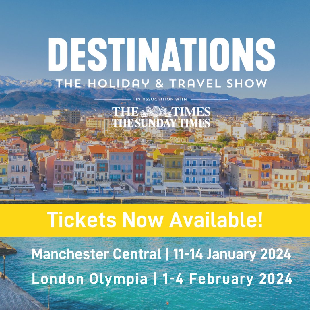 Tickets for Destinations: The Holiday & Travel Shows 2024 have been released! Quote: EARLYBIRD3 and all you'll need to do is pay a reduced booking fee of £1.50 per ticket* . Book today as this offer expires 30 October 2023! destinationsshow.com