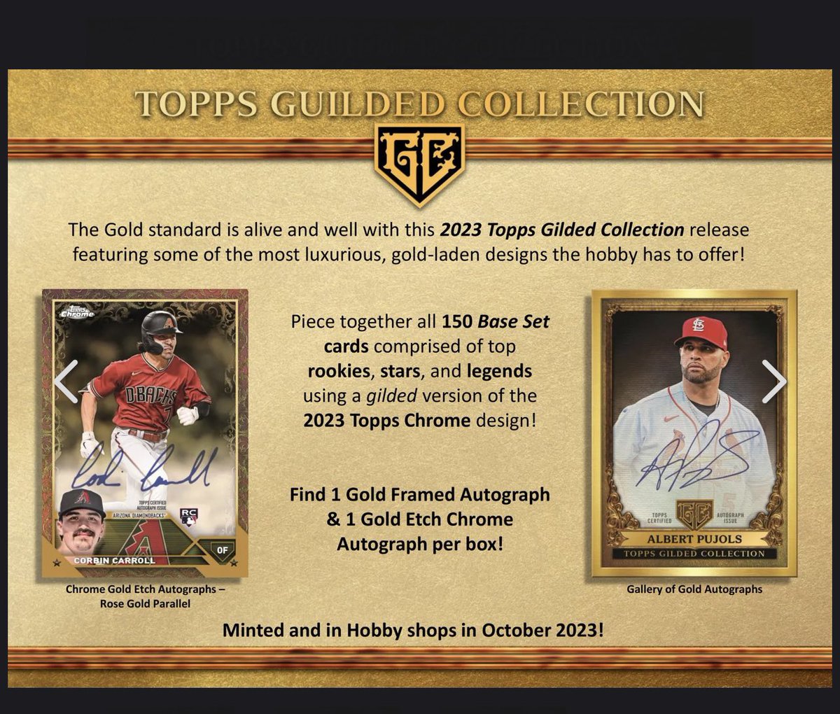 imaveragejoey's tweet image. 2023 Topps Gilded is set to release tomorrow. Last year these were priced around $300 and sold on secondary market $600-800. I’d expect Topps to raise prices this year.