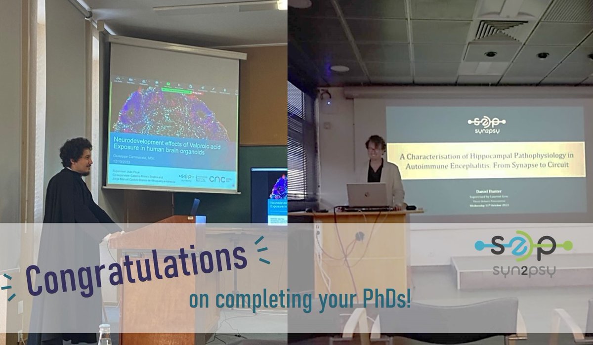 Syn2Psy's tweet photo. What a great week!🎉Two of our ESRs successfully defended their PhDs: Daniel Hunter @cnrs on the hippocampal pathophysiology in #autoimmuneencephalitis and Giuseppe Cammarata
@cnc_uc on the effects of #valproic acid exposure in #humanbrainorganoids.Congratulations!👏👏@MSCActions https://t.co/240lJIYjam