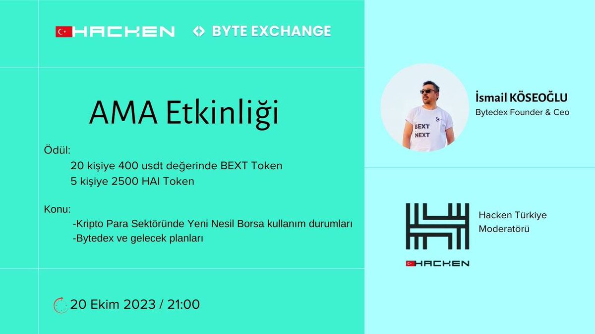 #Hacken twitter space serisi-2 ile karşınızdayız.

İkinci konuğumuz Türkiye'de Yenilikçi Kripto Para Borsası olan <a href="/ByteExchange/">Byte Exchange</a>'in Ceo'su İsmail Köseoğlu <a href="/CeoByteDex/">İsmail KÖSEOĞLU 🌐</a>

Programımızda: Kripto Para Borsalarının Durumu ve Bytedex Borsası hakkında merak edilenleri konuşacağız.