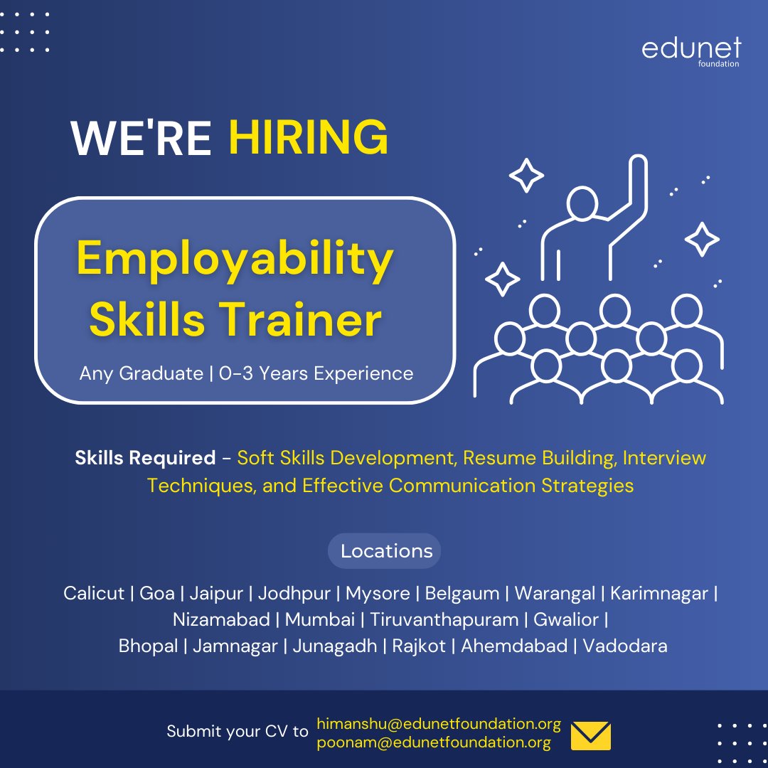 We are #hiring for Employability Skills Trainer!

Please send your resume to himanshu@edunetfoundation.org or poonam@edunetfoundation.org

#job #jobalert #vacancy #vacancyalert #jobs #hiringnow #hiringalert #jobhiring #jobopportunity #vacancyannouncement #trainerjobs