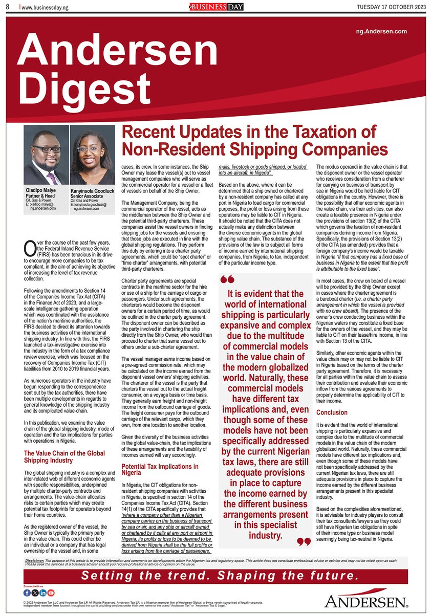 AndersenNigeria's tweet photo. We are pleased to share our latest article, 'Recent Updates in the Taxation of Non-Resident Shipping Companies’, by Oladipo Maiye, Partner &amp; Head and Kanyinsola Goodluck, Senior Associate, Oil, Gas and Power Group. 

https://t.co/qmBcvBWlVJ

#AndersenNigeria #TaxationUpdates https://t.co/Oo4EXKREYa