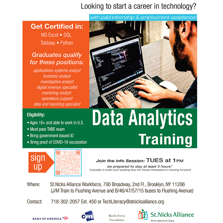 Want to start a career in technology? Take our FREE data analytics training with a paid internship! 
You will get certified in MS Excel, SQL, Tableau, and Python! 
To sign up, call 718-302-2057 Ext. 450 or email TechLiteracy@stnicksalliance.org 
#techjob #Northbrooklyn #jobsnyc