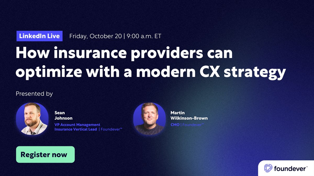 foundeverglobal's tweet photo. Only a couple of days away! Join us for our third LinkedIn Live: How insurance providers can maximize a modern CX!
October 20 at 9:00 a.m. ET
Register here: https://t.co/aHBH0j4k4x
#Insurance #InsuranceCX #CustomerExperience #BPO https://t.co/U5KBn9eR9Z