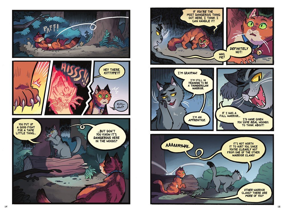 warrior cats tpb graphic novel preview
.
.
already very intrigued by this style! we'll see how it handles darker scenes, but very cute thus far! i'm  interested also by this choice to include princess right away, definitely supporting some theories I had about potential changes!