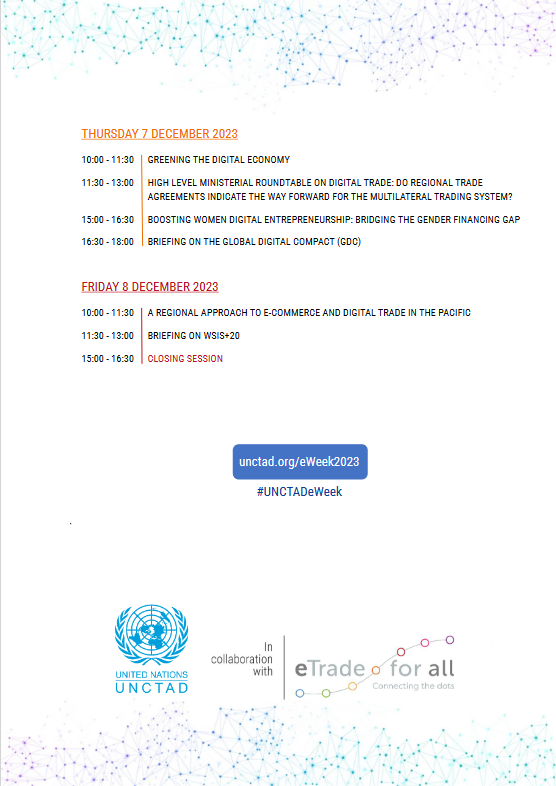 🌐 The high-level programme for #UNCTADeWeek 2023 is out now! Join world leaders, industry captains, UN agencies, and renowned experts in Geneva from December 4-8 to tackle the most pressing issues of our time. Register today to shape our digital future: unctad.org/eweek2023