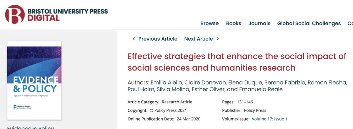 Our article again topped the journal's most-read list. It reports successful strategies that promote social impact by SSH research projects. We are witnessing increasing demand from governments and society for all sciences to have relevant social impact. bristoluniversitypressdigital.com/view/journals/…