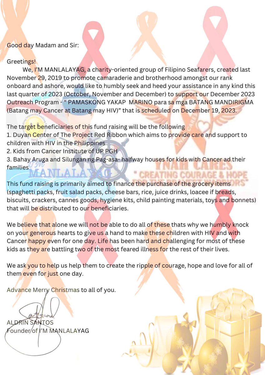 AkoSiMandaragat's tweet photo. X-PEEPS 🙏🏼
PLS LIKE &amp; RETWEET

PASKONG YAKAP MARINO PARA SA MGA BATANG MANDIRIGMA
(Kids with Cancer &amp; Kids with HIV)
will happen on Dec 19, 2023
BENEFICIARIES
50 kids DUYAN CENTER
60 kids CANCER INSTITUTE UP PGH
20 kids BAHAY ARUGA
20 kids SILUNGAN NG PAG ASA

HELP US HELP THEM🙏🏼 https://t.co/DUQIzit6qD