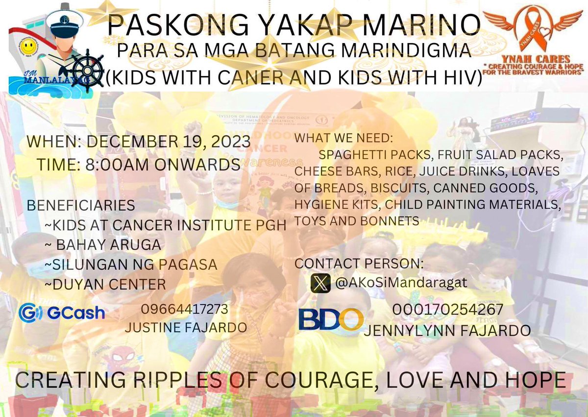 AkoSiMandaragat's tweet photo. X-PEEPS 🙏🏼
PLS LIKE &amp; RETWEET

PASKONG YAKAP MARINO PARA SA MGA BATANG MANDIRIGMA
(Kids with Cancer &amp; Kids with HIV)
will happen on Dec 19, 2023
BENEFICIARIES
50 kids DUYAN CENTER
60 kids CANCER INSTITUTE UP PGH
20 kids BAHAY ARUGA
20 kids SILUNGAN NG PAG ASA

HELP US HELP THEM🙏🏼 https://t.co/DUQIzit6qD