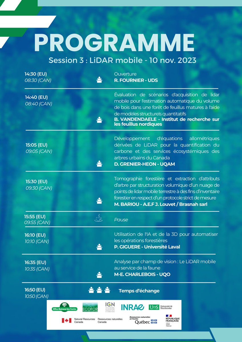 GIP_Ecofor's tweet photo. 🗓️[PUBLICATION DU PROGRAMME]
Colloque TRIDIFOR 2023 | Méthodes innovantes d’analyse de données 3D en forêt🌳

Les sessions porteront sur : LiDAR terrestre fixe ou mobile, aéroporté, satellitaire et autres logiciels. Retrouvez le programme 👇 https://t.co/LZVbWdUSbf