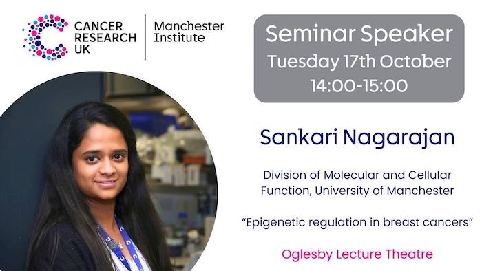 Great to have @SNagarajanLab featured in the @CRUK_MI Seminar Series today, explaining her work on how epigenetic complexes are involved in regulating mRNA and noncoding RNA transcription in ER+ and triple negative breast cancers. #BreastCancerAwarenessMonth @MCRCnews