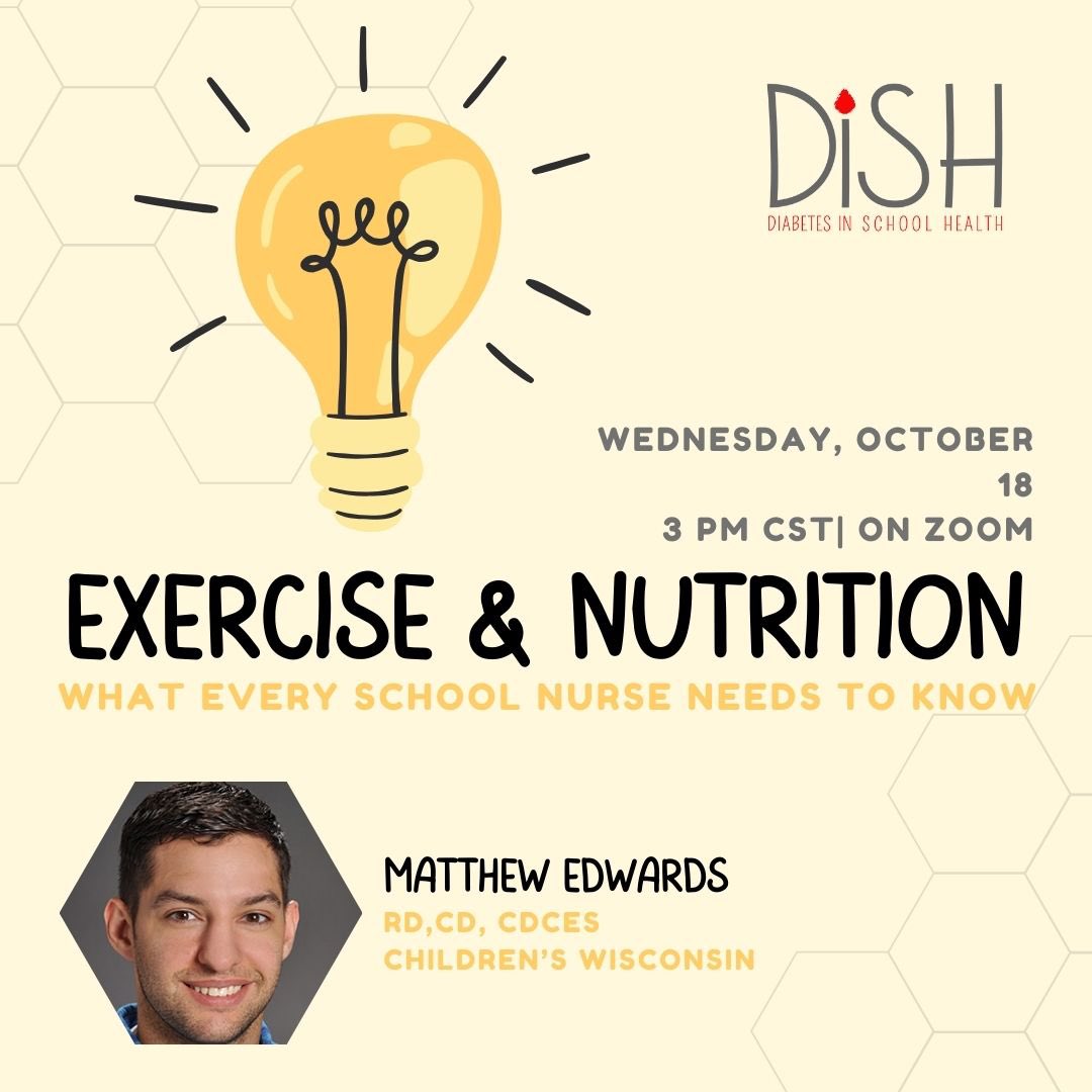 #DiSHWi happening TOMORROW with Matt Edwards from <a href="/childrenswi/">Children's Wisconsin 🏥</a> at 3 PM CST, via zoom! 

To join: click the link in our bio, then click "JOIN SESSION NOW"! 

#DiabetesinSchoolHealth #DiSH #diabetes #type1diabetes #T1D #type2diabetes #T2D #schoolnursing #schoolnurse #WIschools