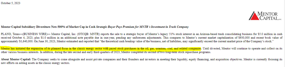 ValueNotDeadYet's tweet photo. How does this make sense? #EfficientMarkets
➡️June 30 Cash Balance $836k
➡️October 5: Sale of Subsidiary for $5M Cash + $1M note
➡️$ used to buy #Oil #NatGas #Coal #Uranium equities
➡️Insiders Buying
➡️$1.5M Market Cap
#OTC #MicroCap #NetNet #VNDY #Alpha #COM #OOTT #EFT https://t.co/FzurqgmhFQ