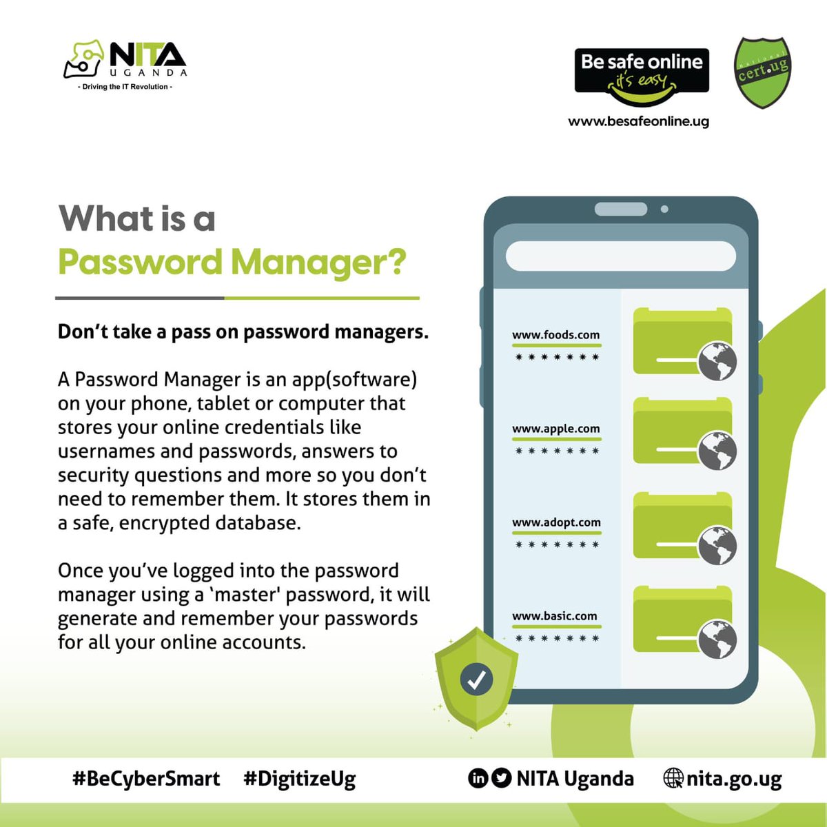 Did you know the average person has over 100 passwords online? Here’s an easy pro tip: a Password Manager can do all the managing of strong, unique passwords for each account. #CybersecurityAwarenessMonth #BeCyberSmart #DigitizeUG