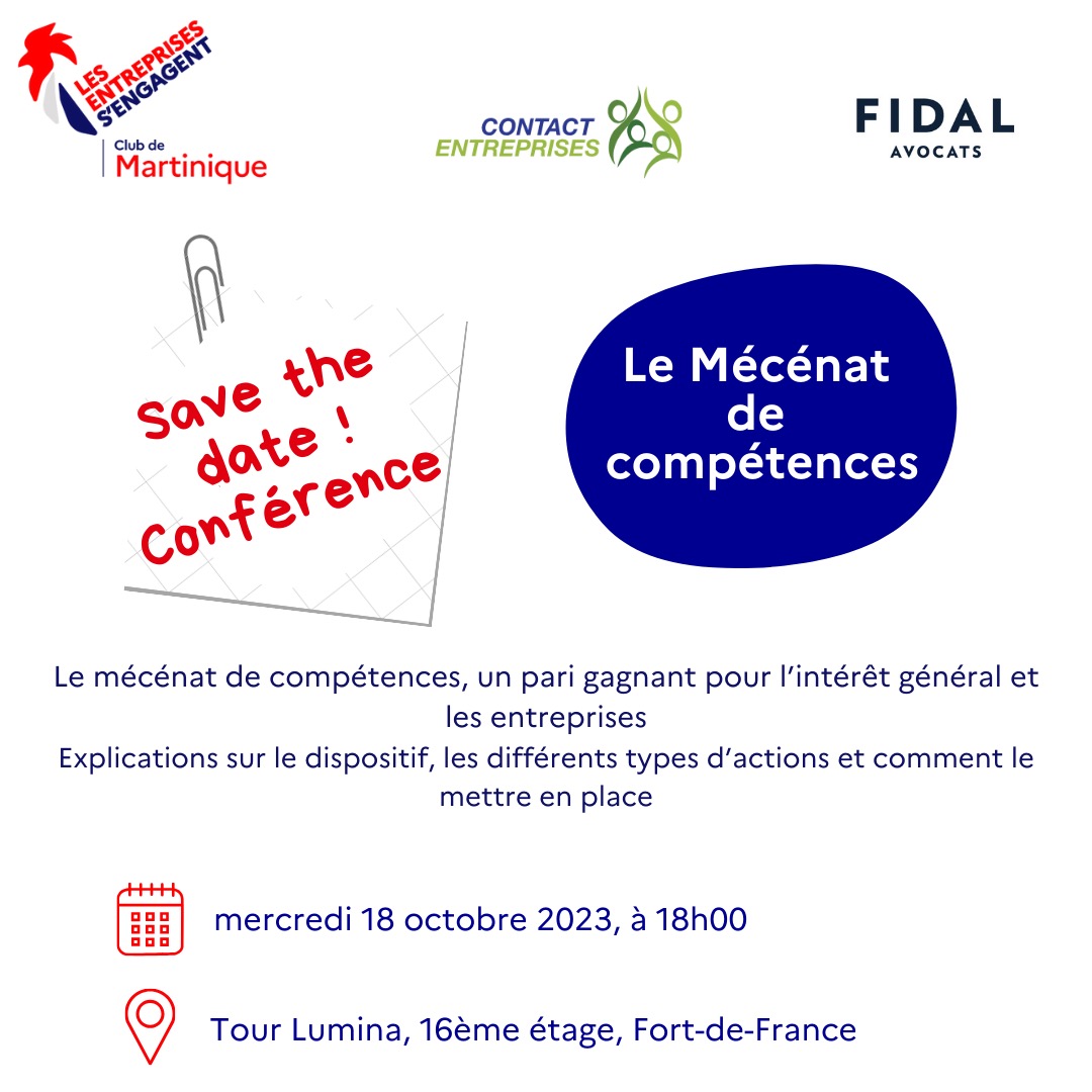 'Le #mécénat de compétences, un pari gagnant pour l’intérêt général et les entreprises' 
📝Conférence
🗓️Mercredi 18 octobre 2023
⏰18h00
📍Tour Lumina
#MécénatDeCompétences #EngagementSocial #ImpactSocial #RSE