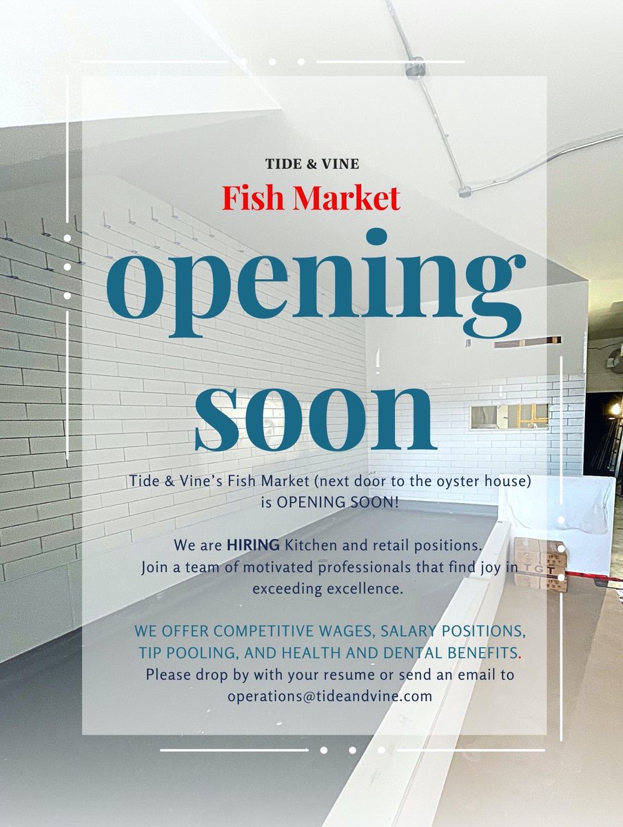 Tide & Vine (@tideandvine) on Twitter photo Tide & Vine Fish Market COMING SOON! While we wait for news of opening day, we are hiring! Please drop off your resume or email operations@tideandvine.com
.
#niagarafallsfishmarket #freshseafood #niagarafallsjobs #openingsoon - mailchi.mp/tideandvine/ti… Tide & Vine Fish Market COMING SOON! While we wait for news of opening day, we are hiring! Please drop off your resume or email operations@tideandvine.com
.
#niagarafallsfishmarket #freshseafood #niagarafallsjobs #openingsoon - mailchi.mp/tideandvine/ti…