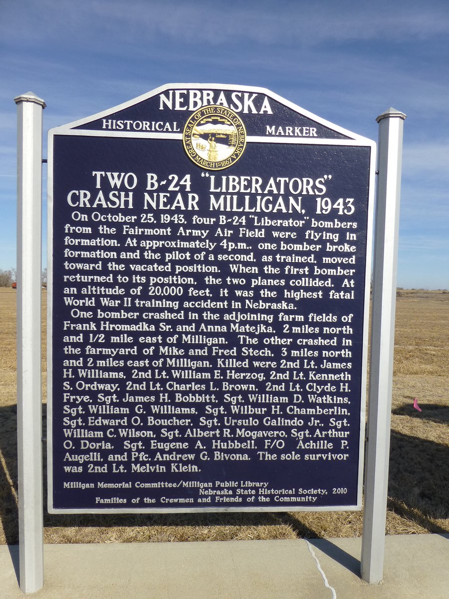 This #MarkerMonday we pay tribute to several WWII B-24 'Liberator' bombers who were killed in a fatal training accident on October 25, 1943 near Milligan, Nebraska. Marker Text: history.nebraska.gov/marker-monday-…