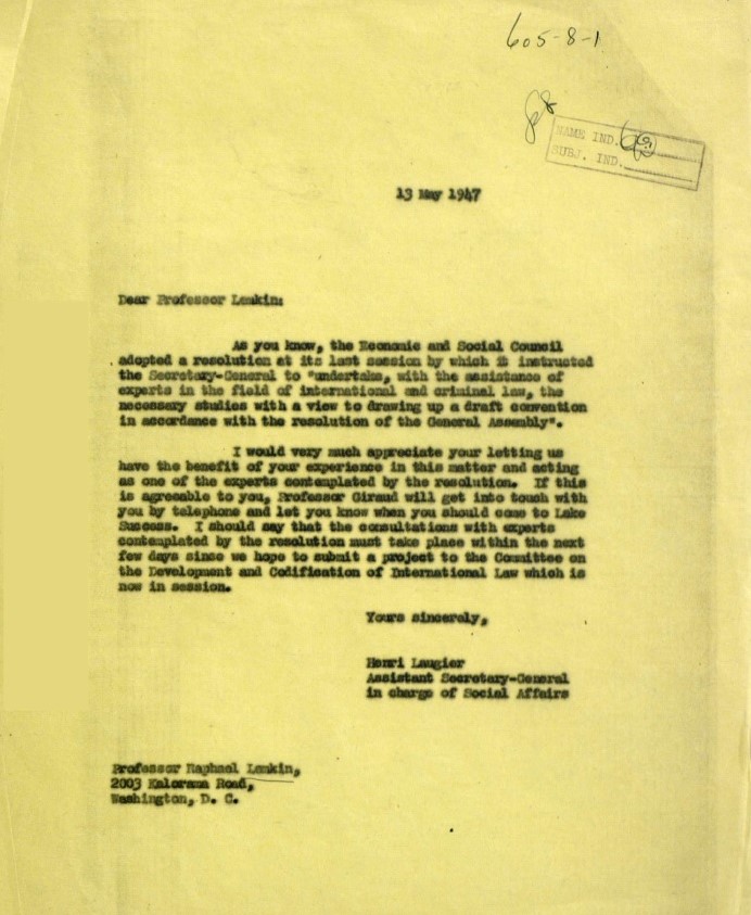 'It is inconceivable to have an orderly int'l life without effective int'l guarantees of the right of existence of entire human groups..', Lemkin wrote to first <a href="/UN/">United Nations</a> SG in 1947. He was asked to provide expertise for Genocide Convention.
His words remain as important today as ever.