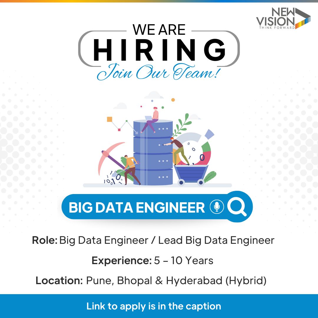NewVisionHQ's tweet image. At NewVision, we&apos;re passionate about using data to solve real-world problems!🌐

Apply here:

Role: Big Data Engineer Engineer | Exp: 5 – 10 Years 
Link: lnkd.in/dagsZgiW

Role: Lead Big Data Engineer | Exp: 6 – 10 Years 
Link: lnkd.in/dRXgrcvJ

#BigDataJobs