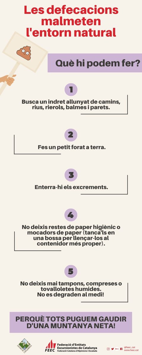 FEEC_cat's tweet photo. La FEEC promou una nova campanya per evitar el rastre de les defecacions a la muntanya 💩

L'Àrea de Natura dibuixa una infografia amb cinc punts bàsics de com actuar. 

➕ INFO➡️https://t.co/sYOxgi7WH1

#sentlamuntanya #sommuntanya #sonatura https://t.co/TWyLyhy6x9