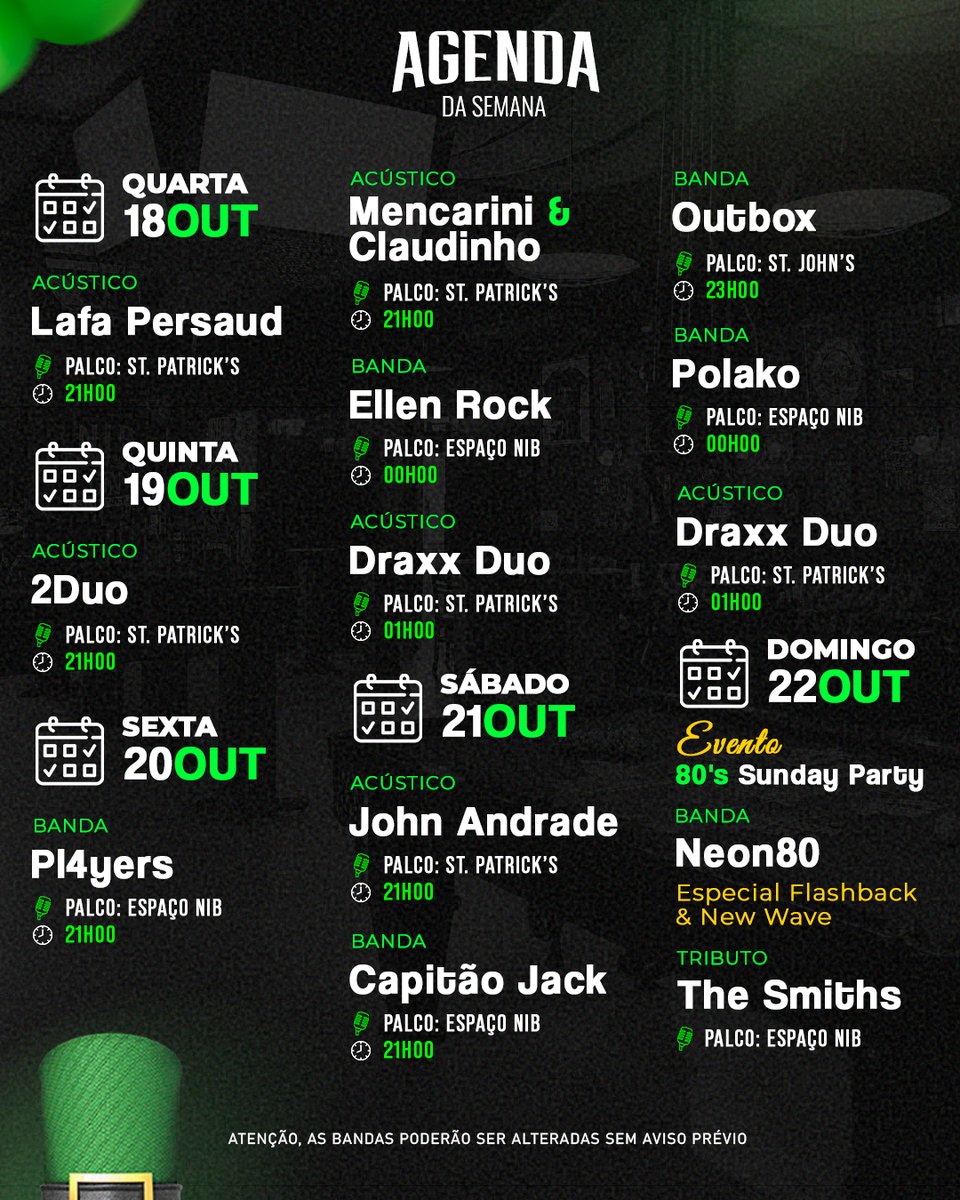 stjohnspub's tweet photo. 🇮🇪 Confira a programação dessa semana com +11 bandas pra agitar as suas noites no St. Johns!

✅ Garanta já a sua reserva via Whatsapp através do link na bio!

📍Rua itapura 1308 - Tatuapé

#pub #stjohnspub #rock #irishpub #tatuape #pubirlandes https://t.co/Vxhdprpvda