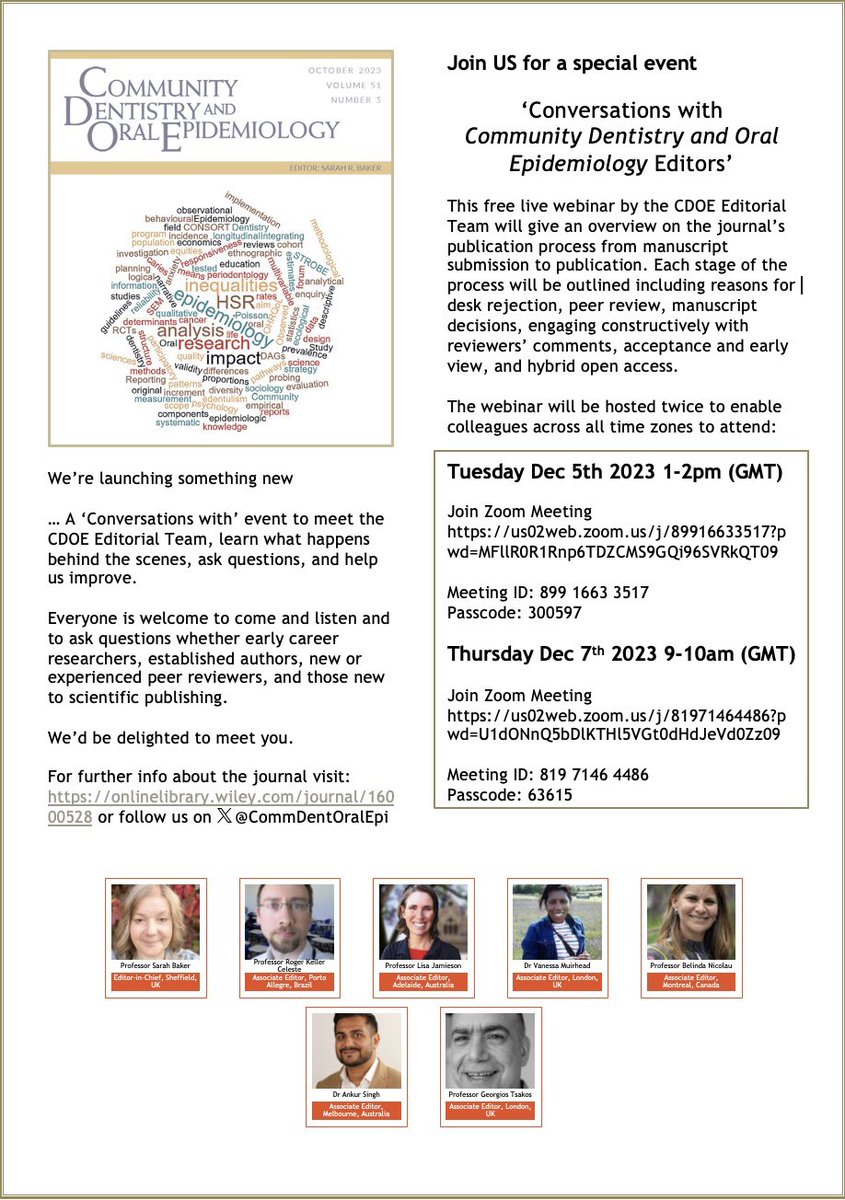 Join us for a special event ‘Conversations with CDOE Editors’

Meet the editorial team, find out what goes on behind the scenes when you submit a manuscript &amp; learn about the journal process. 

Details 👇

<a href="/WileyHealth/">Wiley Clinical Health</a> @drankursingh99 <a href="/prof_rkc/">Roger Keller Celeste</a> <a href="/MuirheadVanessa/">Vanessa Muirhead</a> <a href="/sarahRbakerDPH/">Prof Sarah Baker</a>