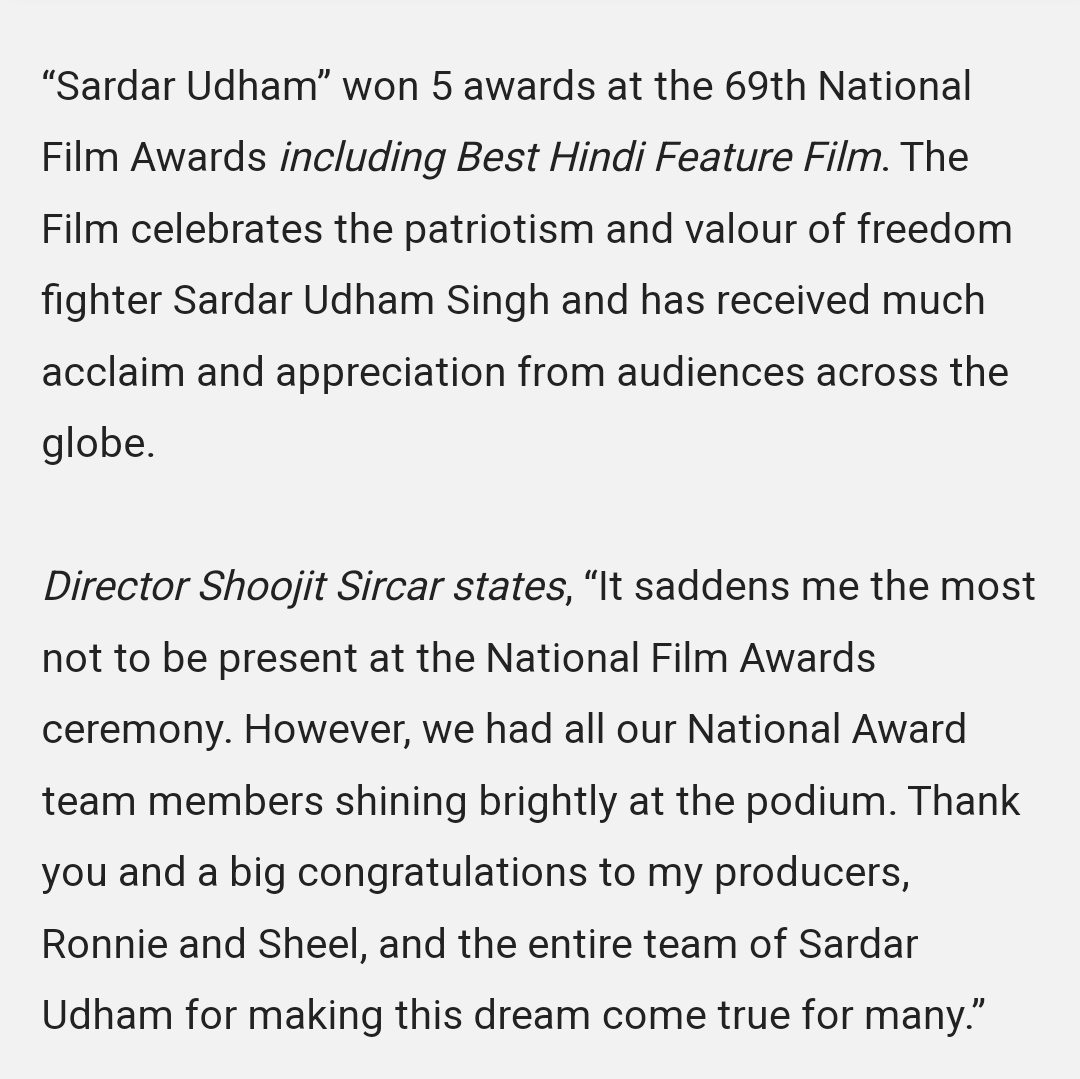 Shoojit Sircar congratulates his golden team for winning big at the 69th #NationalFilmAwards 🌟 and regrets that he couldn't be there at the ceremony with them.

#SardarUdham #ShoojitSircar #VickyKaushal