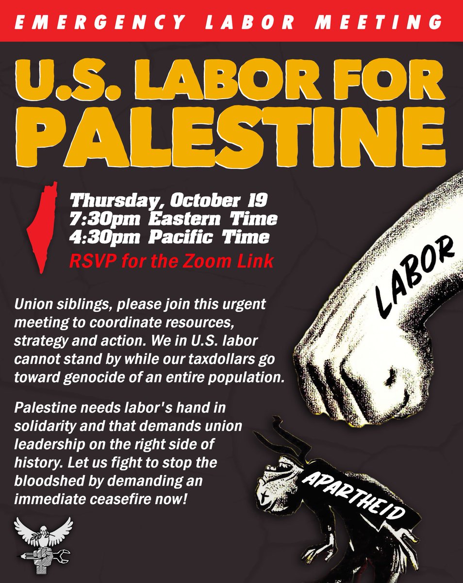 ⏰ The time is now. U.S. labor has a role to play. Union members from all corners of the country will be uniting online this Thurs to coordinate resources, strategy, and action in response to the devastating situation in Palestine. ⬇️ Register now! ⬇️ us02web.zoom.us/meeting/regist…