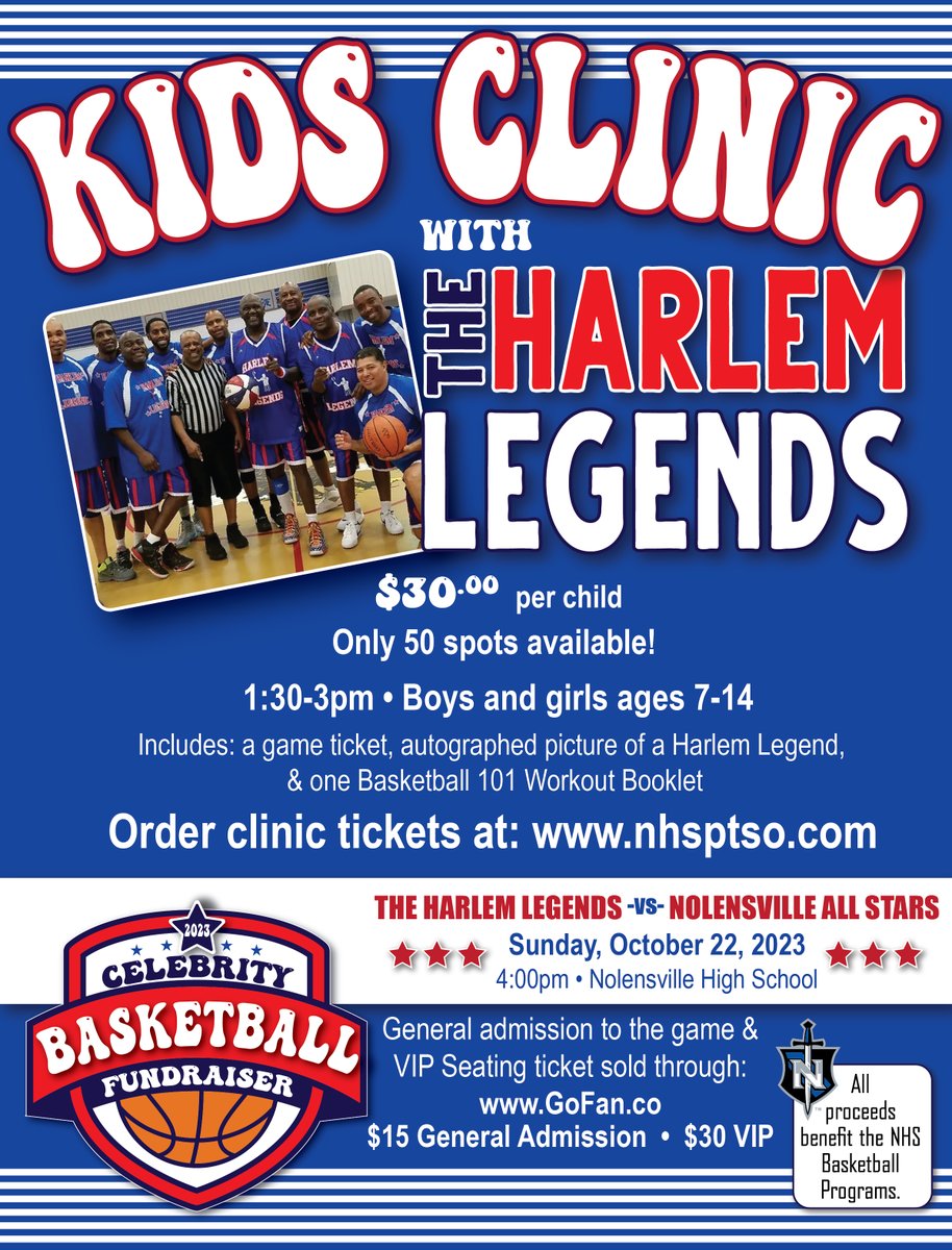 wcsNHSbball's tweet photo. See you Sunday! @wcsNHScl

⏰1:30 - Youth Clinic with Harlem Legends
Signup: https://t.co/Kk93I7aUdB

⏰3:00 - Meet &amp; Greet (NHS players signing schedule posters for all, VIP with Harlem Legends)

⏰4:00 - GAME TIME!
🎟️Buy Tickets on GoFan: https://t.co/lev8RwtTP3 https://t.co/xoc1fg7mo6