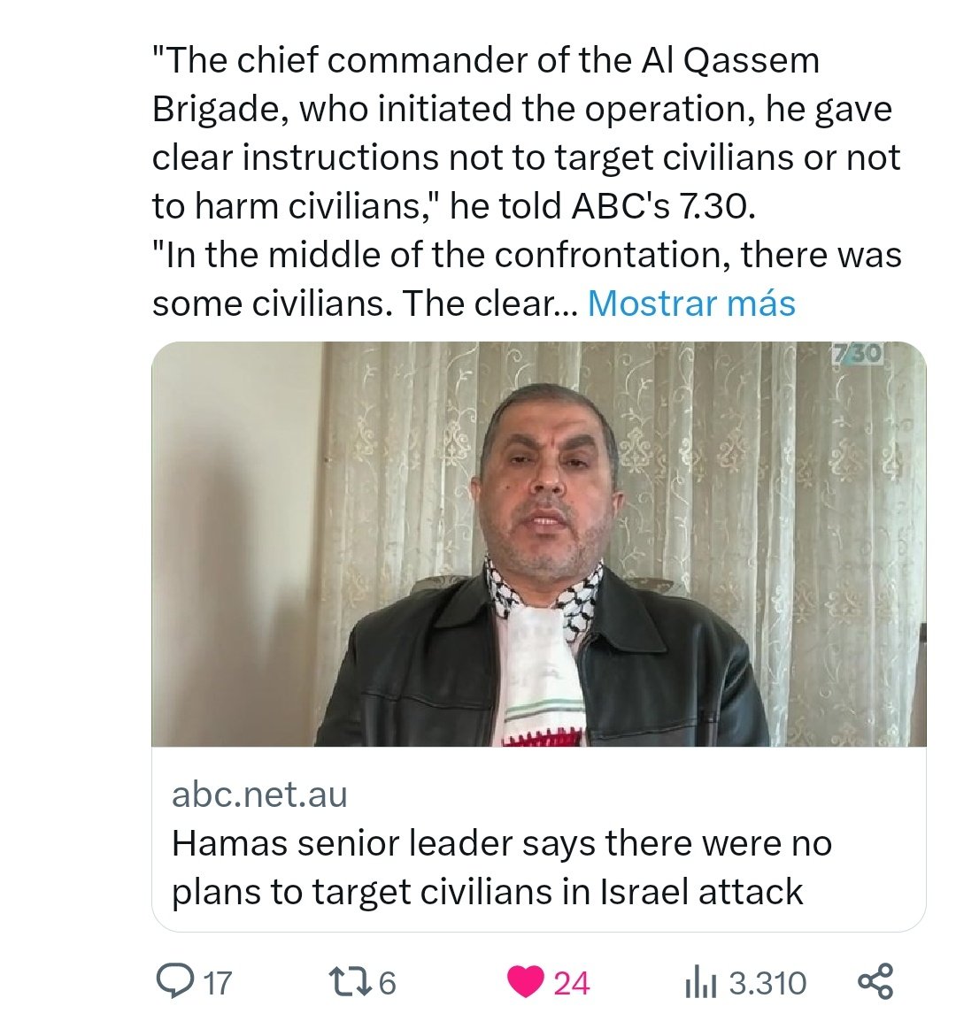 - Una señora diciendo que un musulmán NUNCA será un terrorista. ¿A que no me lo igualas?

-Agárrame el cubata. Dice Hamás que asesinó y raptó a los civiles judíos por error