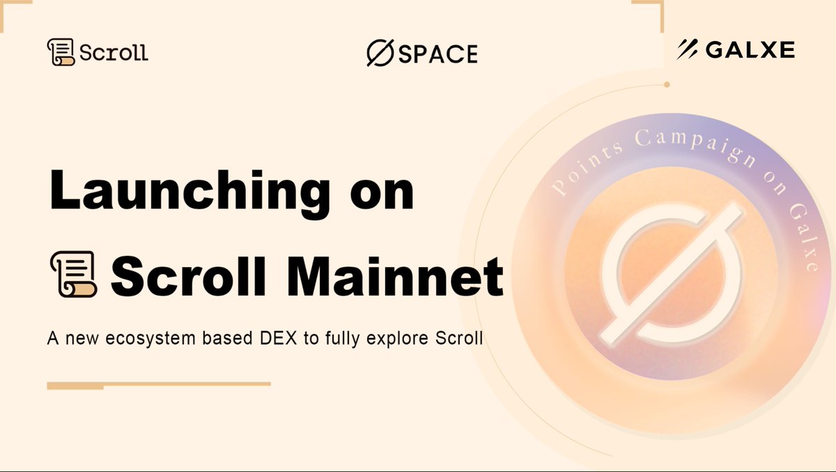Launching on <a href="/Scroll_ZKP/">Scroll</a> Mainnet!

SpaceFi's forked product ScrollSpace is Live on Scroll mainnet as an ecosystem based DEX.

🏆Galxe Campaign:
galxe.com/spacefi/campai…

✅DEX: swap-scroll.spacefi.io
🕒Farm+NFT+Launchpad
🕒New Tokenomics+TGE
🕒Launching 2.0 Product

Time to