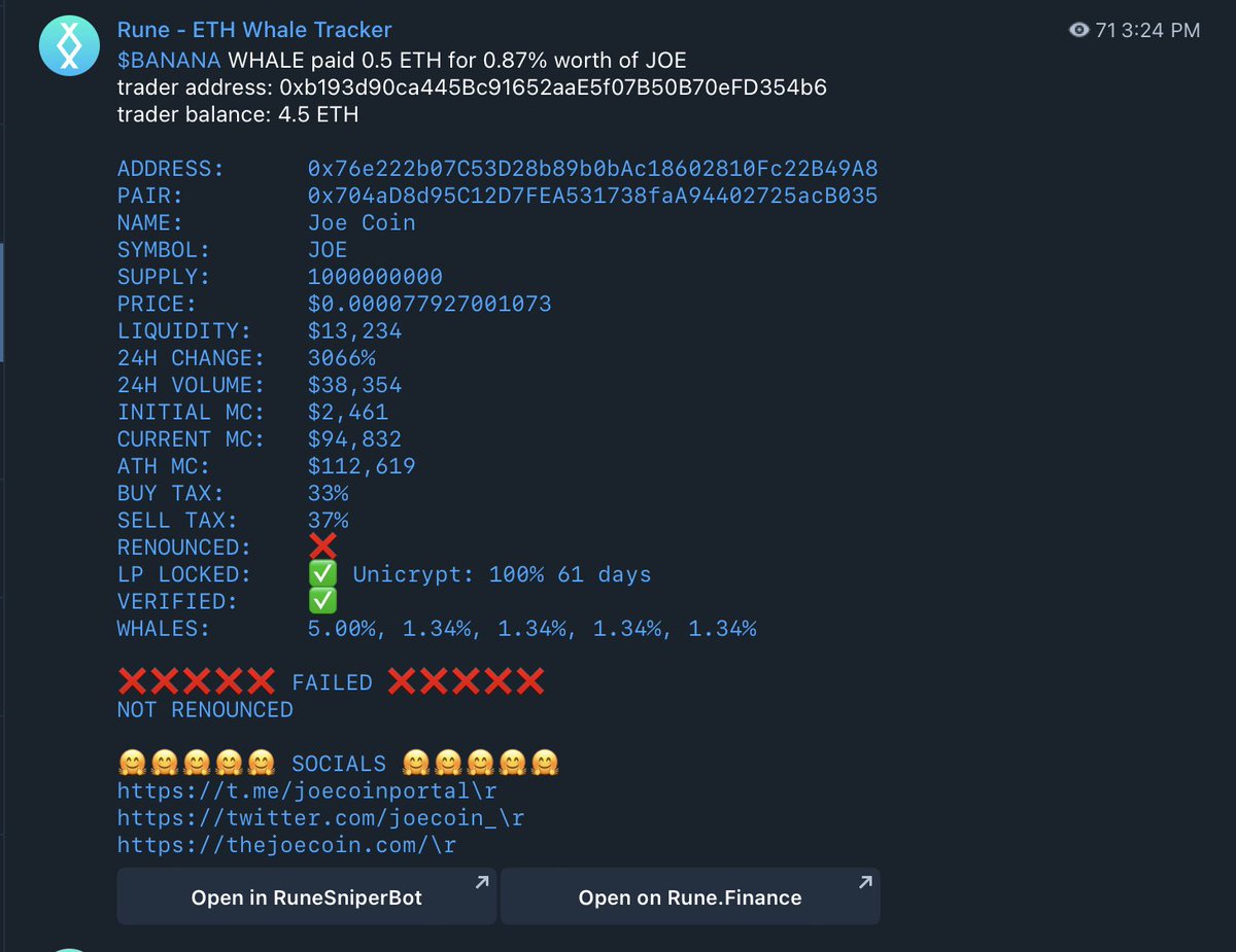 Spotted a whale loading up on $JOE at $94k market cap 

Now +41x at $3.85m

Anyone can join and see these alerts, we post alpha in public here