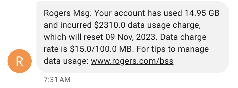 drewswilson's tweet photo. @RogersHelps @Rogers If someone sends me a WhatApps, there is a good chance it will cost me $15 @Rogers https://t.co/L75LkjRnIc