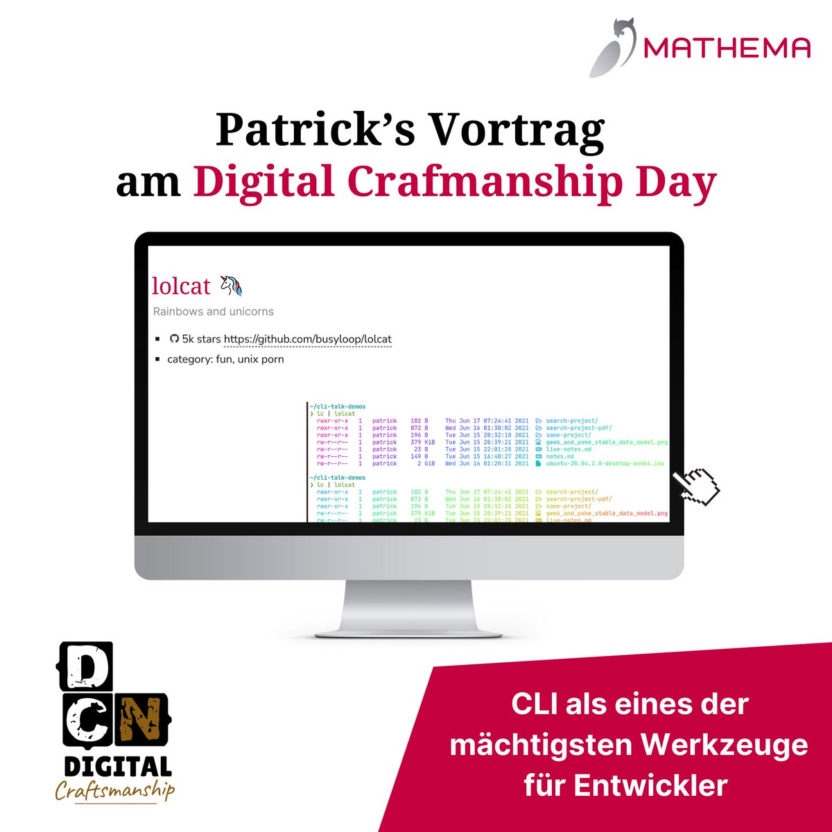 MATHEMA_GmbH's tweet image. Heute hält @drechsler einen Vortrag am "Digital Craftsmanship Day"! Patrick hat seinen bekannten Talk dabei: "Macht der Kommandozeile: Ein Streifzug durch Linux CLI Tools". Nutzt die Chance und besucht Patrick bei seinem Vortrag!
#DigitalCraftsmanship #LinuxCLI #Vortrag #Mathema