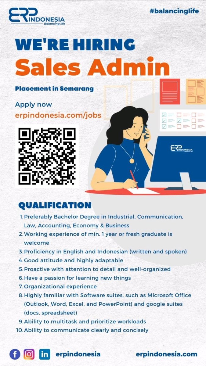 hlistiani's tweet image. Hi tweps,
Aku punya lowker buat kalian nih.
Kalo kalian sesuai dengan kualifikasi di bawah ini, silakan scan QR ya.. 
Boleh banget kalo mau dibagikan ke teman-teman kalian..

Terimakasih

#lowkersemarang #lowker
#salesadmin #Semarang #erpindonesia #balancinglife