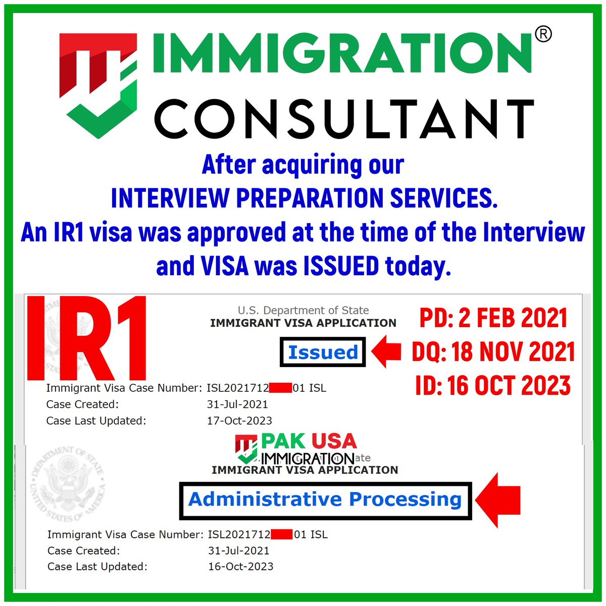 PakUSAImmigrant's tweet photo. IR1 VISA ISSUED:
After acquiring our Interview Preparation Services. An IR1 visa was ISSUED today.
#usimmigration #PakUSAImmigration #MJImmigrationConsultant #F2A #IR1 #CR1 #IR5 #PakUSImmigration #USVisa #USCIS #NVC #immigrationconsultant #US #USA #pakusat75 #cr1visa #Immigration https://t.co/5OZZrtwE0A